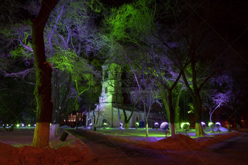 寺庙,摄政街,中世纪花饰字母,新的,夜晚,雪,明亮,都市风景