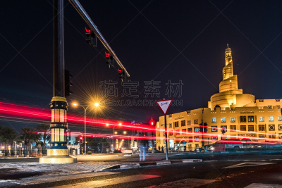 多哈,清真寺,卡塔尔,水平画幅,夜晚,旋转类游乐,户外