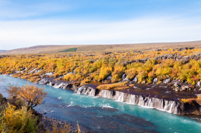 瀑布,hraunfossar,冰岛国,水,水平画幅,火山地形,夏天,户外,河流,小溪