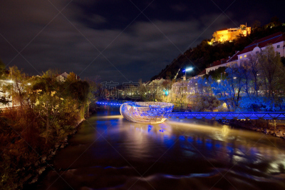 格拉茨,人工岛,river mur,人造的,水平画幅,建筑,秋天,夜晚,无人,蓝色