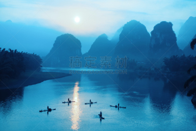 阳朔,黎明,风景,木筏,桂林,喀斯特,水,水平画幅,山,早晨