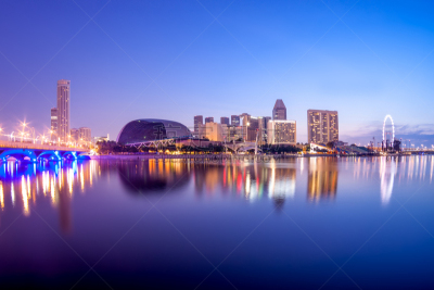 新加坡,城市天际线,滨海湾 ,水平画幅,建筑,夜晚,无人,商务旅行,早晨,黄昏