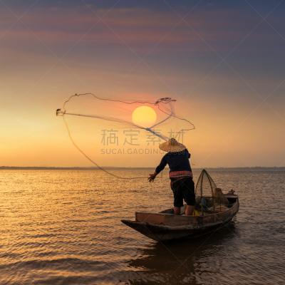 早晨,渔夫,河流,自然,木制,船,时间,茵丽湖,石膏,渔网