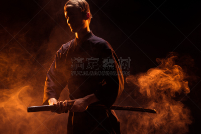 青年男人,武士刀,和服,干冰,拿着,成年的,仅成年人,青年人,人,仅一个青年男人