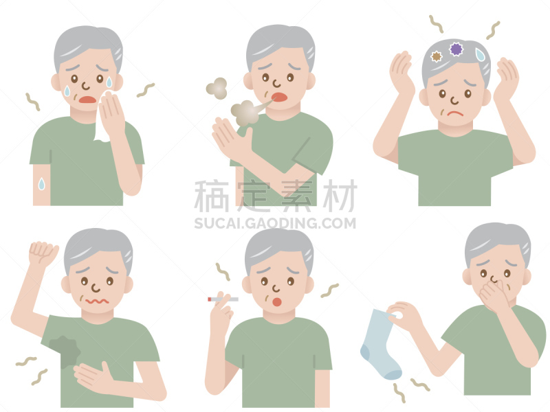 男人,老年男人,皮脂,口臭,烟草,头发,绘画插图,发狂的,问题