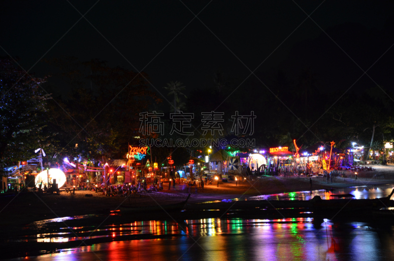 皮皮岛,海滩,水平画幅,沙滩派对,夜晚,无人,2015年,泰国,岛,聚会