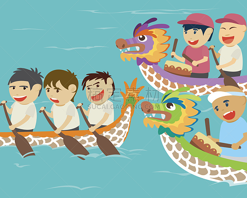 船,儿童,绘画插图,幸福,矢量,龙舟赛,龙舟,端午节,划船比赛,桨