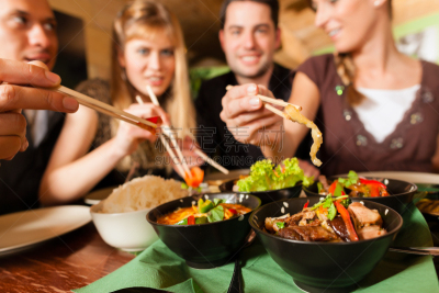 泰国人,餐馆,青年人,碗,多样,筷子,泰国,晚餐,食品