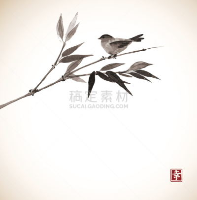 竹,鸟类,背景,贺卡,烟灰墨,水墨画,禅宗,无人,绘画插图,符号
