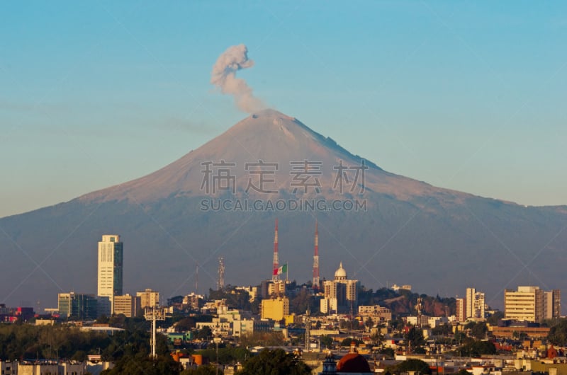 波波卡特佩特火山,墨西哥,城镇,在上面,普埃布拉州,水平画幅,高视角,地质学,户外,城市