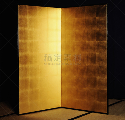 屏风分区,塌塌米垫,黄金,传统,金叶,金色,可折叠的,正面视角,留白,水平画幅