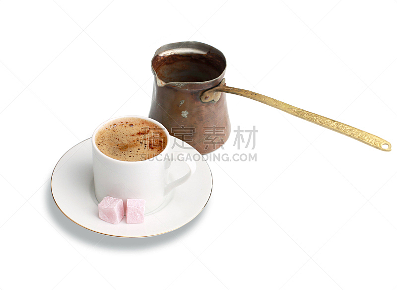 土耳其清咖啡,咖啡壶,早餐,水平画幅,无人,茶碟,热饮,白色背景,背景分离,瓷器