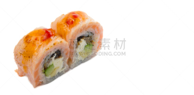 寿司,白色背景,分离着色,三文鱼,水平画幅,无人,开胃品,膳食,海产,奶酪