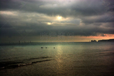 桑德兰湾,海滩,老哈里巨石,英吉利海峡,多塞特郡,天空,水平画幅,无人,户外,日落