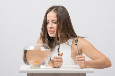 女人,金鱼,小的,狼獾,美,青少年,褐色,水平画幅,美人,海产