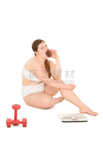 秤,哑铃,女人,多纳圈,垂直画幅,美,美人,腹腔,白色指甲油,白人
