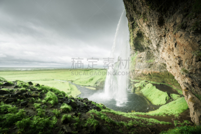 夏天,冰岛国,瀑布,seljalandsfoss waterfall,水,天空,能源,石材,草,高处