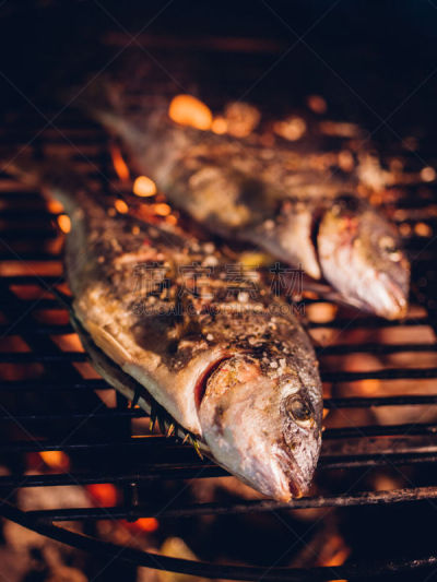 烤肉架,鱼类,格子烤肉,夜晚,完整,热,两个物体,金头鲷,碳烤,垂直画幅