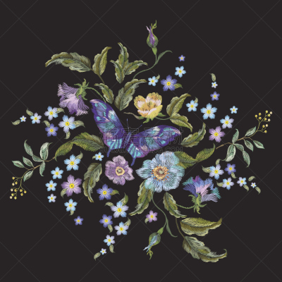 刺绣,花纹,时髦的,明亮,蝴蝶,勿忘我,领口,宽松上衣,织品样本,艺术