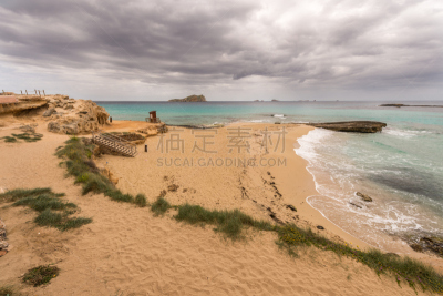 伊比沙岛,海滩,圣欧拉利娅,水平画幅,无人,湿,夏天,巴利阿里群岛,户外,石头