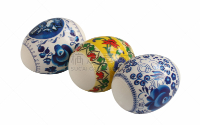 三个物体,复活节彩蛋,式样,桌子,水平画幅,鸡蛋,无人,色彩鲜艳,蓝色,白色背景
