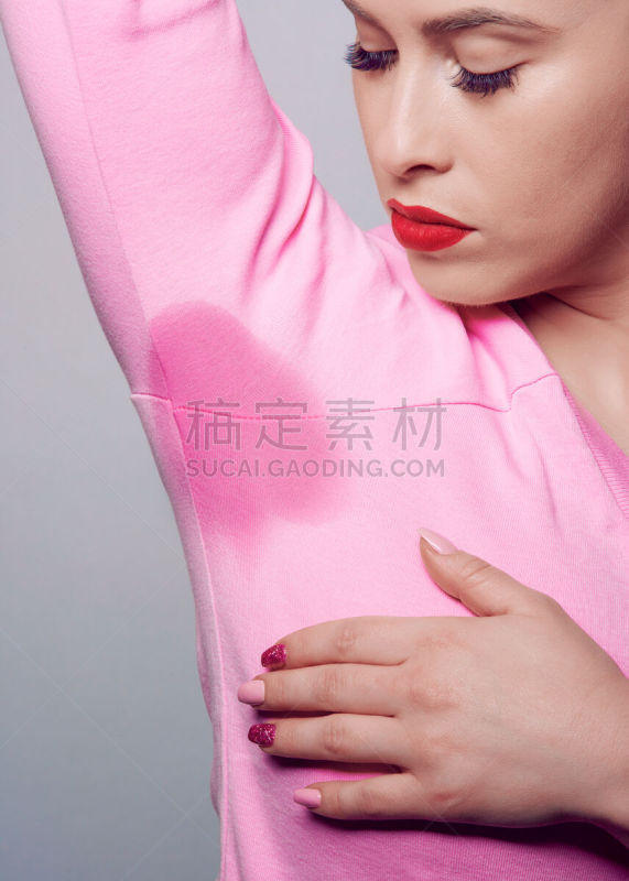 宽松上衣,女人,生活方式,概念,看,汗斑,腋窝,汗液,除臭剂,湿透