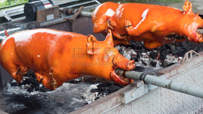 特写,烤肉架,烤乳猪,餐具,格子烤肉,水平画幅,传统,膳食,动物身体部位,户外