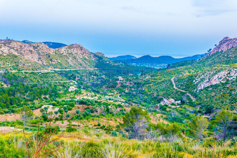 都市风景,马略卡,西班牙,齿状山脊,sierra de tramuntana,面向陆地,自然界的状态,野生动物,黄昏,撕破的