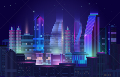 绘画插图,城市,城市天际线,夜晚,矢量,霓虹灯,暗色,技术,黄昏,夜总会