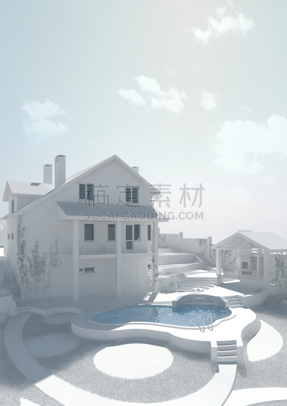 泳池边,三维图形,景观设计,院子,垂直画幅,水,形状,绘画插图,夏天,白色