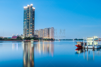 风景,曙暮光,湄南河,在下面,水平画幅,北榄府,交通,户外,泰国,普密蓬阿杜德