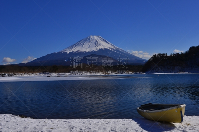 日本,冬天,富士山,旅游目的地,水平画幅,雪,精进湖,无人,户外,湖