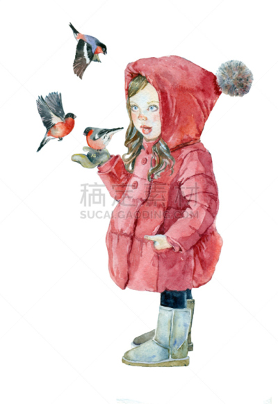 女孩,水彩画,灰雀,水彩画颜料,ugg雪地靴,背景分离,食品,小的,鸟类,儿童