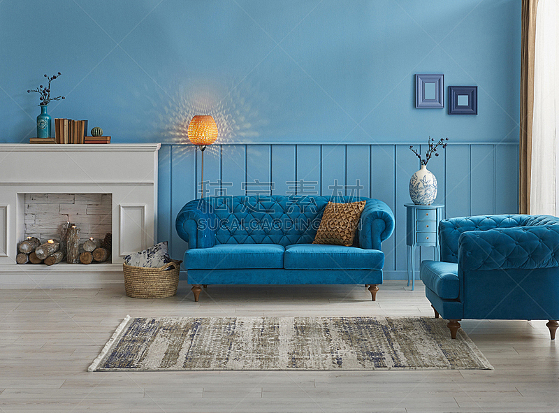 壁炉,室内,家具,住宅房间,蓝色,概念,扶手椅,灰色,复古风格,沙发