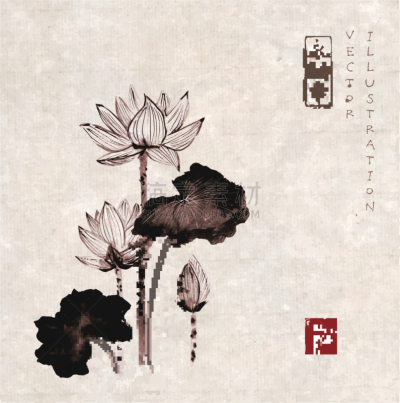 荷花,墨水,动物手,水彩画颜料,自然美,中国,植物,背景,夏天,绘画插图