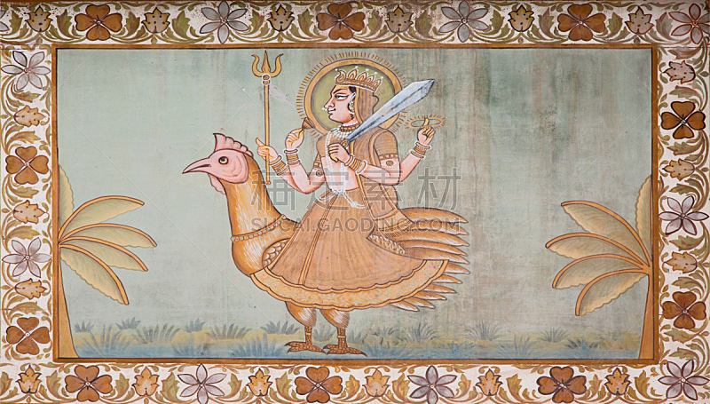 绘画作品,印度教,鸡,神,焦特布尔,泥墙画,水平画幅,家畜,拉贾斯坦邦,印度
