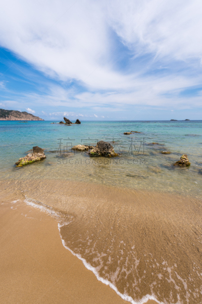 伊比沙岛,海滩,圣欧拉利娅,垂直画幅,无人,湿,夏天,巴利阿里群岛,户外,石头