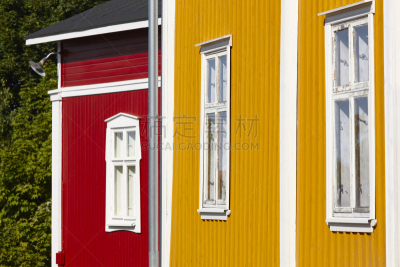 Traditional wooden houses facade in Rauma town. Finland heritage.