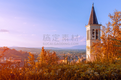 意大利,斯波列托,城镇,全景,光,翁布里亚大区,塔,圣母马丽亚,日落