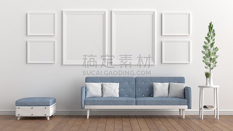 沙发,白色,三维图形,空白的,起居室,墙,浅蓝色,绘画插图,乡村风格
