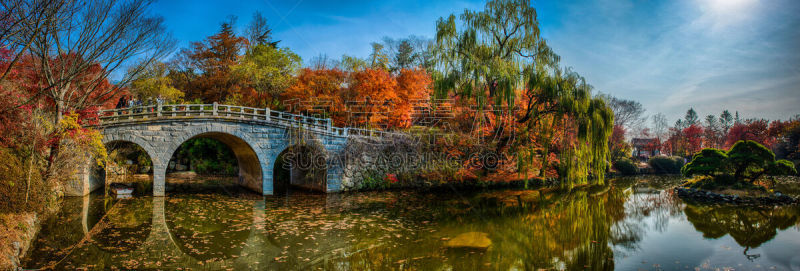 公园,寺庙,水,水平画幅,秋天,无人,全景,古老的,高动态范围成像,户外