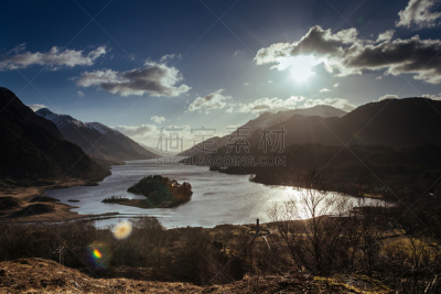 非凡的,风景,格伦菲南地区,薛尔湖,海湾,洛哈伯,雪山,云,黄昏