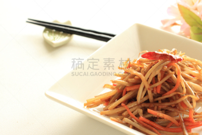 日本食品,牛蒡珍珠堡,餐具,留白,胡萝卜,水平画幅,无人,色彩鲜艳,椒类食物,牛蒡