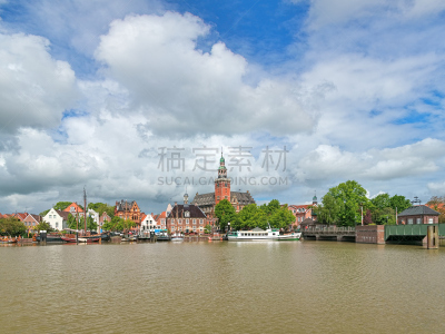市政厅,德国,河流,勒达,摄像机拍摄角度,水,天空,留白,城镇景观,客船