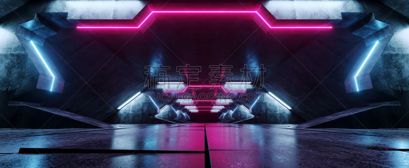 隧道,走廊,三维图形,未来,混凝土,霓虹灯,蓝色,黑色,反射,发光