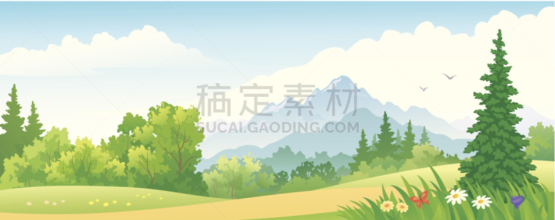 森林,绘画插图,天空,留白,枝繁叶茂,无人,夏天,户外,卡通
