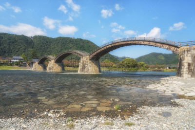 山口县,日本,锦带桥,岩国,木制,拱桥,水,天空,公园,水平画幅