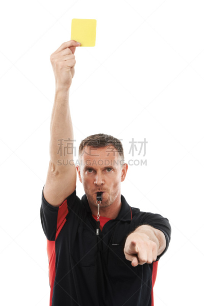 大于号,黄牌,美式足球裁判,吹口哨,裁判,足球服,足球运动员,垂直画幅,留白,男性