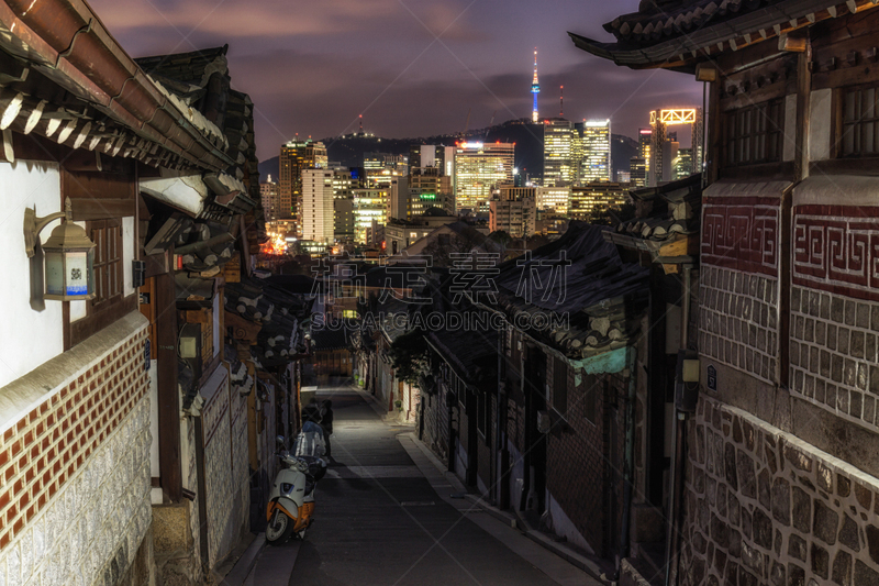 夜晚,北村韩屋村,南山塔,首尔,水平画幅,户外,都市风景,建筑业,国际著名景点,名声