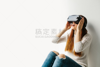 网络空间,未来,现代,技术,概念,青年女人,玻璃杯,虚拟现实模拟器,3d眼镜,偏远的